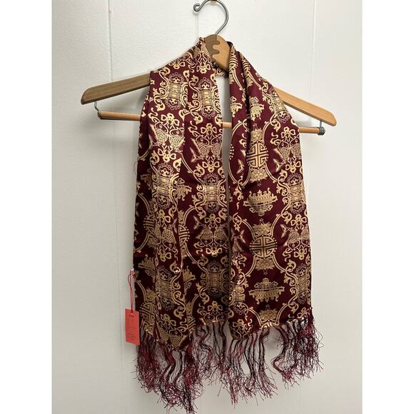 NEW Chinese Burgundy Gold Medallion SILK Scarf with Fringe NWT - Picture 1 of 4